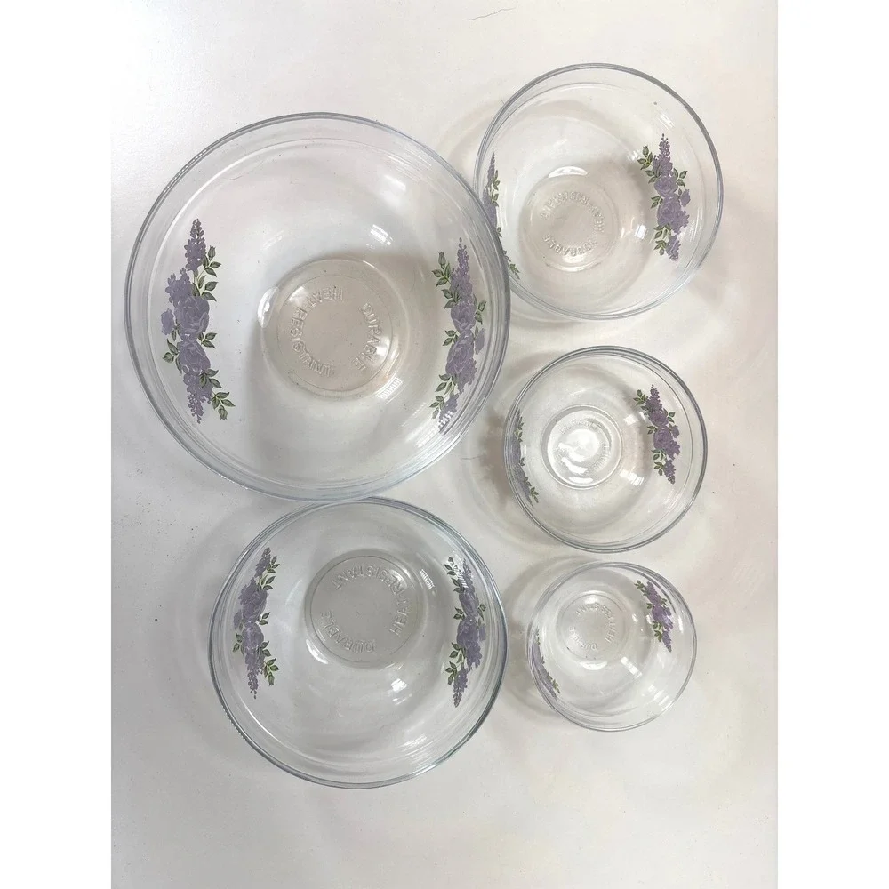 Vintage Imperial Glass Purple Floral Rose Nesting Bowl Set 5 Piece Heat Resists